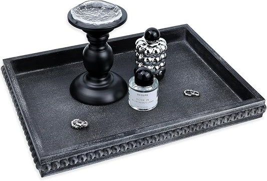 Rectangle Wood Serving Tray with Beads, Black Washed Wooden Decorative Tray for Entertaining, Decoration, and Gifting-CasaMuseHome