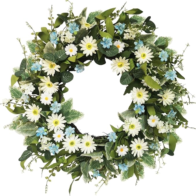 24 Inch Wreaths for Front Door, Large Spring Summer Artifiical Wreath with Blue White Daisy Flower, All Season Floral Wreaths for Porch Window Wall Decor Outside Indoor Outdoor Decorations-CasaMuseHome