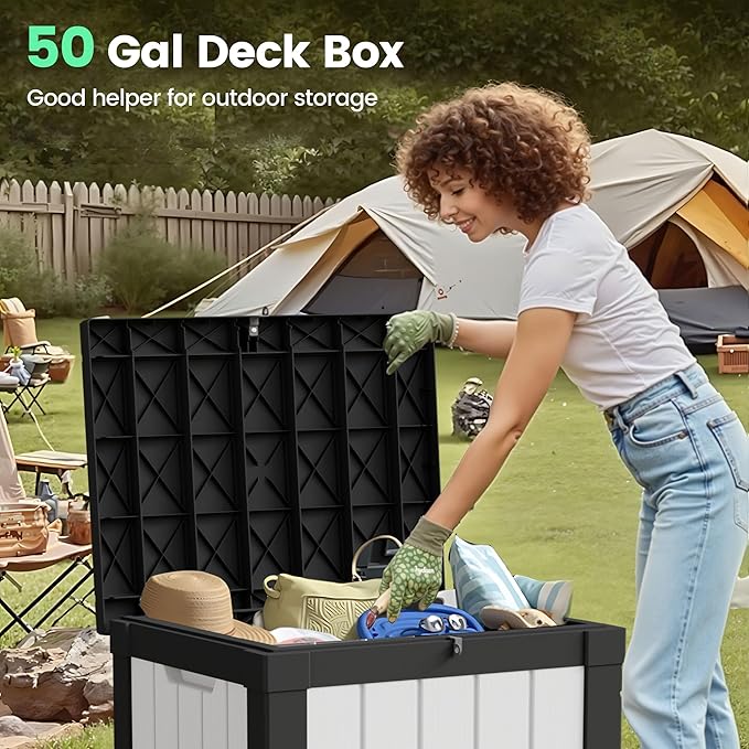 50 Gallon Storage Box, Waterproof Deck Box for Indoor & Outdoor Use, Lockable Pool Storage Bin for Package Delivery, Outdoor Bench for Patio Cushions, Garden Tools, Backyard, Black & White-CasaMuseHome