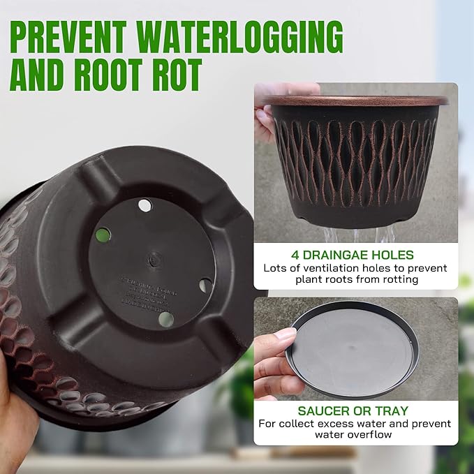 4 Pack 10 Inch Retro Plant Pots, Vintage Striped Flower Pots with Drainage Hole & Saucer, Large Plastic Planters for Indoor and Outdoor Plants, Decorative Garden Pots(Copper)-CasaMuseHome