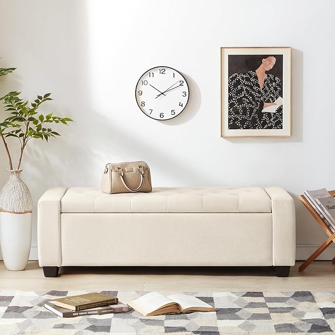 48" Ottoman with Storage, Storage Ottoman Bench with Safety Hinge, Upholstered Entryway Bench with Seating for Bedroom, Living Room, Holds up to 330 lb, Beige-CasaMuseHome