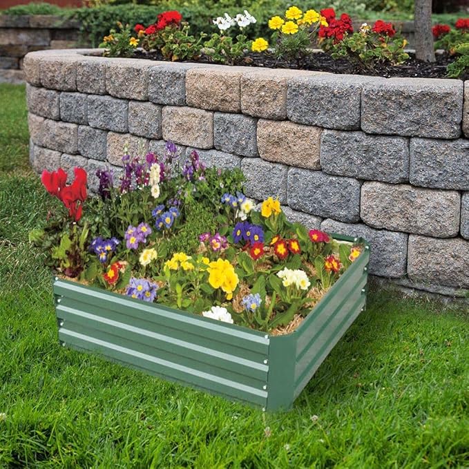 4x4x1ft Metal Raised Garden Bed Kit，Galvanized Garden Bed Box for Vegetables, Flowers, Herbs, and Succulents,120 Gallon Capacity - Green-CasaMuseHome
