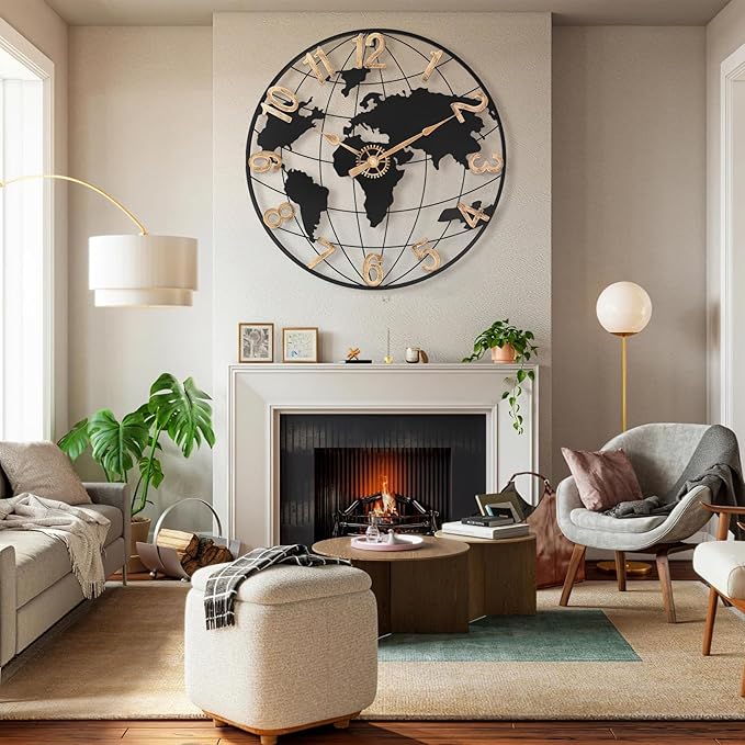24 Inch Large Wall Clock for Living Room Decor,Big Modern Decorative Silent Metal World Map Wall Clock with Vintage Gold Arabic Numeral for Office,Living Room,Kitchen,Dining Room-CasaMuseHome