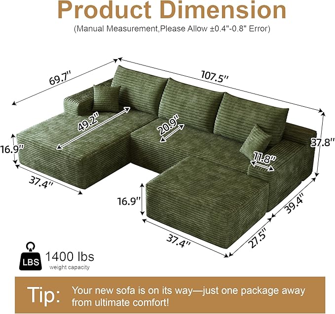 108" Sectional Couches for Living Room Modern Modular Sofa with L-Shape Couchs Upholstered Boneless Couch Deep Seat Sectional Couch with Chaise (Green, Left Facing Chaise+2Seaters+1Ottoman)-CasaMuseHome