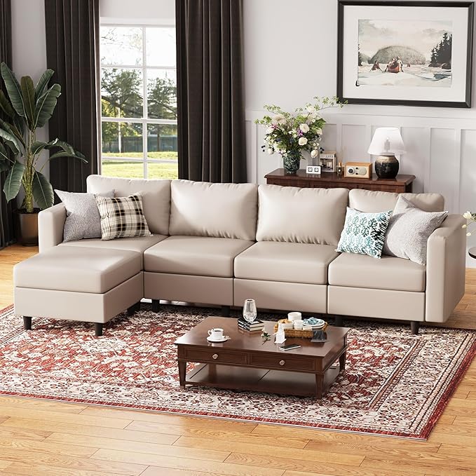 118.5" Faux Leather Modular Sectional Sofa, L Shaped Couch Set for Living Room, 5-Seater Comfy Cloud Couches with Movable Storage Ottoman,DIY Combination - Whitesand-CasaMuseHome