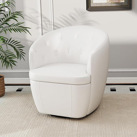 360° Swivel Leather Accent Chair, Modern Barrel Club Chair with Leather Upholstery and Sturdy Base, Comfortable Armchair for Living Room, Bedroom, Reading Nook, White-CasaMuseHome