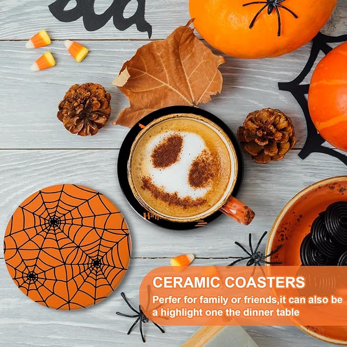 4Pcs Halloween Coasters Orange Black Round Ceramic Coaster Trick or Treat Heat-Resistant Cup Mats for Wooden Table Protection Home Party Supplies-CasaMuseHome