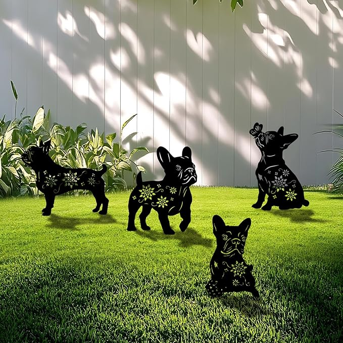 4 Pack Bulldog Metal Garden Decorative Stakes, Weather Proof Puppy Silhouette Statues for Yard, Patio,Outdoor Decor for Bulldog Lovers and Pet Owners-CasaMuseHome