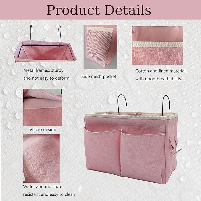 2-Pack Bedside Caddy Bedside Hanging Storage Basket Multi-Function Organizer Caddy for Bunk and Hospital Beds Dorm Rooms Bed Rails, Can be Placed Glasses Books Mobile Phones（2 pcs pink）-CasaMuseHome