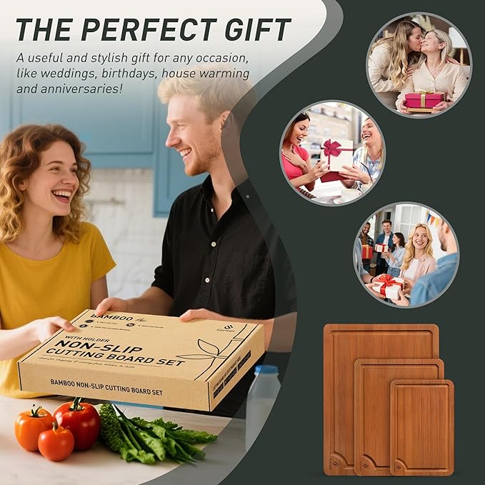 3 Packs Bamboo Cutting Board Set with Non Slip Feet and Over Sink Nice Solid Thick Wood Juice Groove Chopping Board Extra Large Big Small Best Hardwood Counter Organic Vegetable Kitchen Gadgets-CasaMuseHome