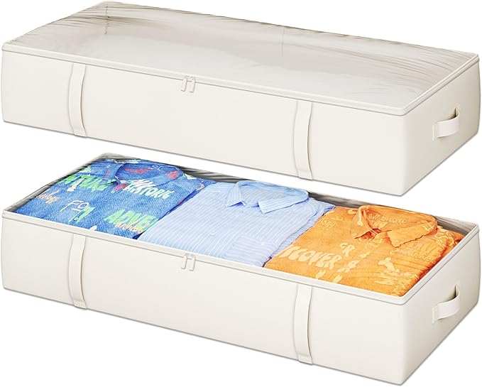 2-Pack Under Bed Storage Containers, 8 Inches Tall Underbed Clothes Storage Organizer Bin with Sturdy Sidewalls/Bottom, Under the Bed Storage Bags 2 Storage Bins, Beige-CasaMuseHome