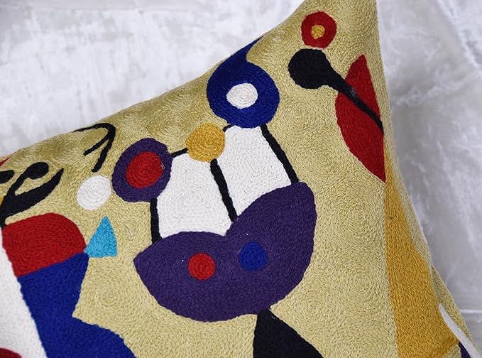 Abstract Decorative Pillow Cover Hand Embroidered Whimsical Toss Pillows Farmhouse Chair Cushion Contemporary Pillowsham Mid-Century Chair Cushions Wool Size 18x18-CasaMuseHome