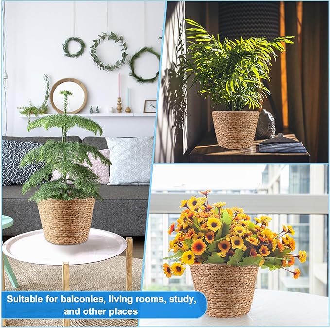 4 Pcs Large Premium Seagrass Planter Basket with Plastic Lining Natural Stylish Planter Baskets Indoor Outdoor Plants Woven Wicker Baskets for Plants Flower Pots Cover and Room Decor(10.2x7.5x7.5")-CasaMuseHome