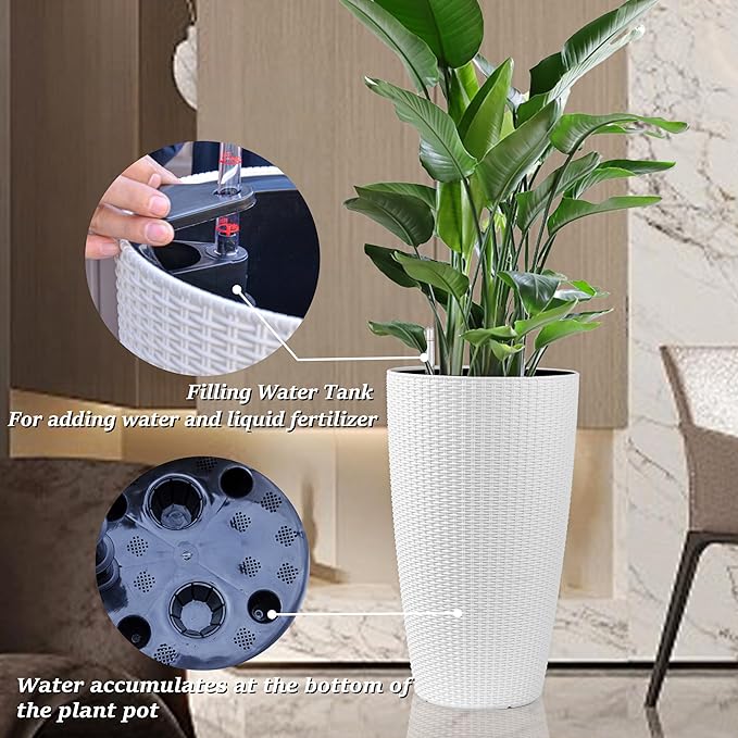 2Pack 22" High Modern Plant Pots Planter-Self-Watering Indoor/Outdoor Planting with Drain Holes, Water Level Monitor, Inner Bucket for Front Porch Patio, White Rattan Conical-CasaMuseHome