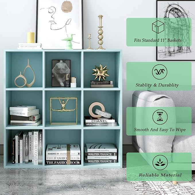 9-Cube Storage Shelf Bookcase - Wooden 3-Tier Floor Standing Open Bookshelf for Home and Office, Display Cabinet, Light Blue-CasaMuseHome