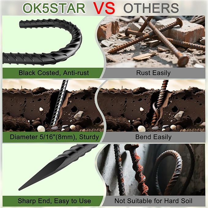 16" Ground Rebar Stakes Heavy Duty J Hook Ground Anchors, 5/16 inch Curved Steel Tent Stakes Anti Rust Steel Ground Stakes for Chain Link Wire Fencing, Pack of 40, Black-CasaMuseHome