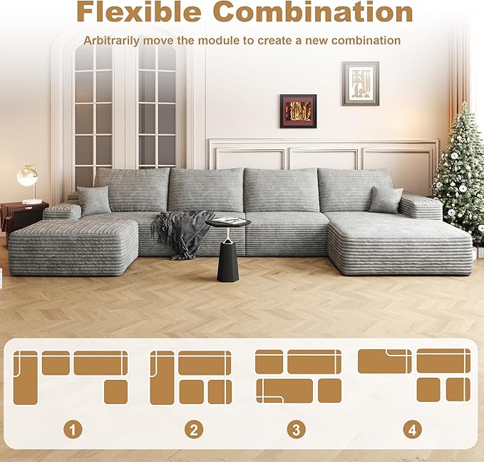 136" Sectional Couches for Living Room Modern Modular Sofa with L-Shape Couchs Upholstered Boneless Couch Deep Seat Sectional Couch with Chaise (Grey, Right Facing Chaise+3Seaters+Ottoman)-CasaMuseHome