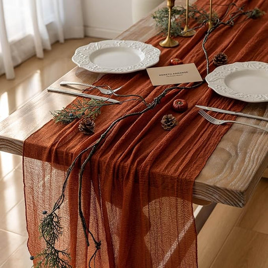 6pcs Fall Terracotta Table Runner Rust Gauze Rustic Cheesecloth 120 Inch 10 FT for Wedding Baby Shower Bridal Shower Birthday Engagement Garden Party Sheer Boho Thanksgiving Decorations-CasaMuseHome