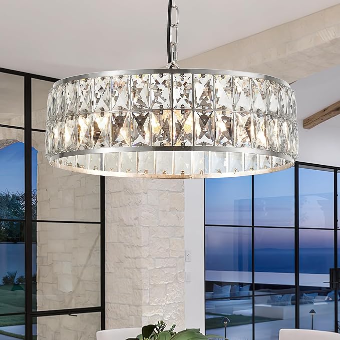 16” 4-Light Modern Crystal Chandeliers Nickel Dinning Room Light Fixture, Round Pendant Light Kitchen Island Chandelier, Flush Mount Ceiling Light for Living Room Entryway Bedroom Foyer-CasaMuseHome
