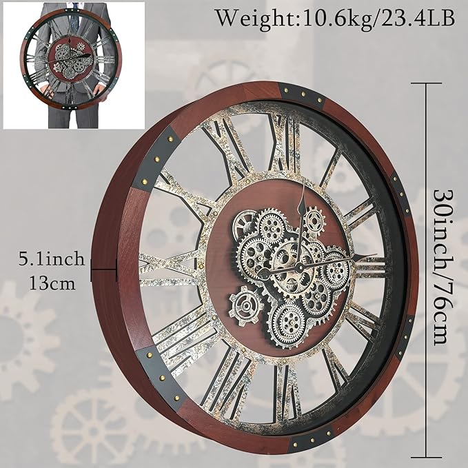 30Inchs Moving Gears Wall Clock, Oversized Wall Clocks, Clock Living Room Decor, Solid Wood Frame, Battery Operated, Large Wall Clock with Steampunk Industrial for Fireplace(Black Walnut)-CasaMuseHome