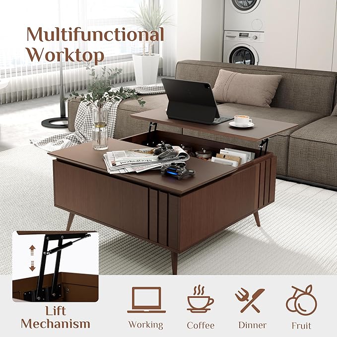 36.2" Lift Top Coffee Table with Storage, Large Square Coffee Tables with Hidden Compartment, Mid Century Modern Center Table for Home Office,Living Room,Dark Walnut-CasaMuseHome