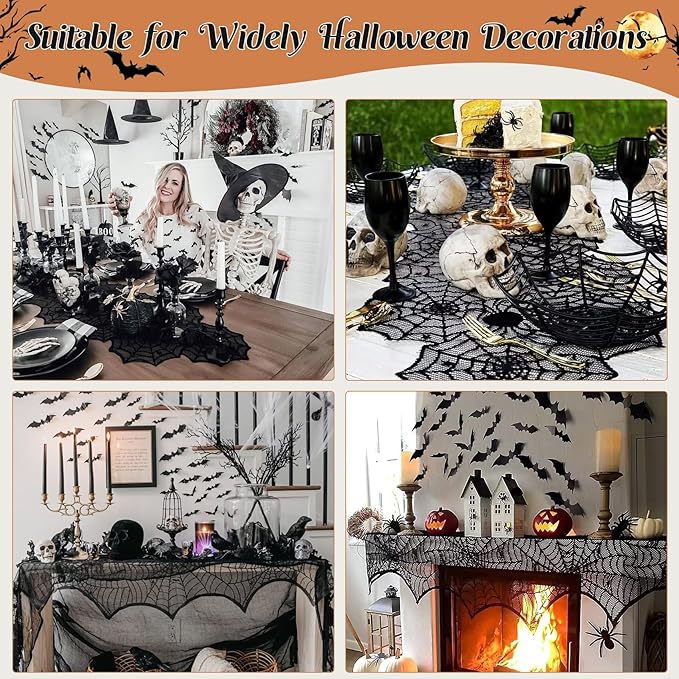 3 Pack Halloween Decorations Sets, Black Lace Spider Webs Table Runner & Halloween Cobweb Fireplace Scarf with 120 pcs 3D Bat for Halloween Indoor Decors Party Supplies-CasaMuseHome