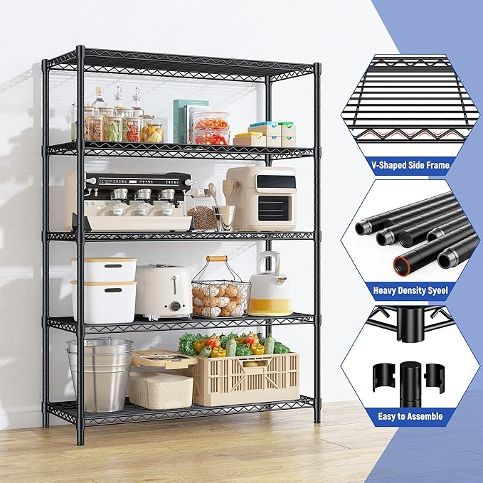 5 Tier Storage Shelves 71"H Wire Shelving Adjustable Metal Shelving,1000LBS Pantry Shelves Sturdy Steel Wire Shelf for Kitchen School Pantry Garage Warehouse ,71"H X35.5"W X13.8"D, Black,2P-CasaMuseHome