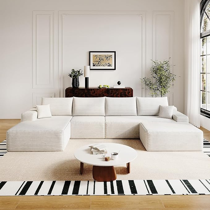 136" Sectional Couches for Living Room Modern Modular Sofa with L-Shape Couchs Upholstered Boneless Couch Deep Seat Sectional Couch with Chaise (White, Left Facing Chaise+3Seaters+Ottoman)-CasaMuseHome