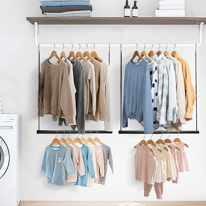 STORAGE MANIAC Hanging Closet Rod, Adjustable Width and Height Closet Hanging Organizer, Space-Saving Clothes Hanging Bar, Closet Extender Hanging Rod Double Closet Hanging Rod, 2 Pack Black-CasaMuseHome