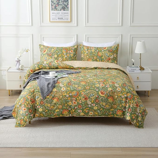 ABREEZE Paisley Bedding Sets 3Pcs Brushed Cotton Duvet Cover Set King Size Rustic Damask Green Floral Comforter Cover with Zipper Closure Boho Bedding Collections-CasaMuseHome