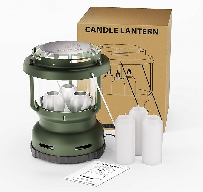 3-Wick Emergency Candle Lantern for Power Outages [18H+ Burning Time] Vintage Decorative Candle Lantern for Real Candles, Outdoor Portable Camping Survival Lighting [7.1"*5.7" - Forest Green]-CasaMuseHome