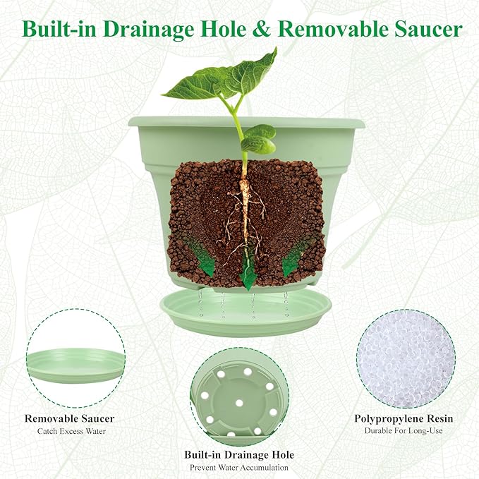 6 Inch Plastic-Flower Pot-for-Indoor Plants, 6 Pack Outdoor Plant Pots with Drainage Holes & Saucers, Resin Garden Pots Planters-CasaMuseHome