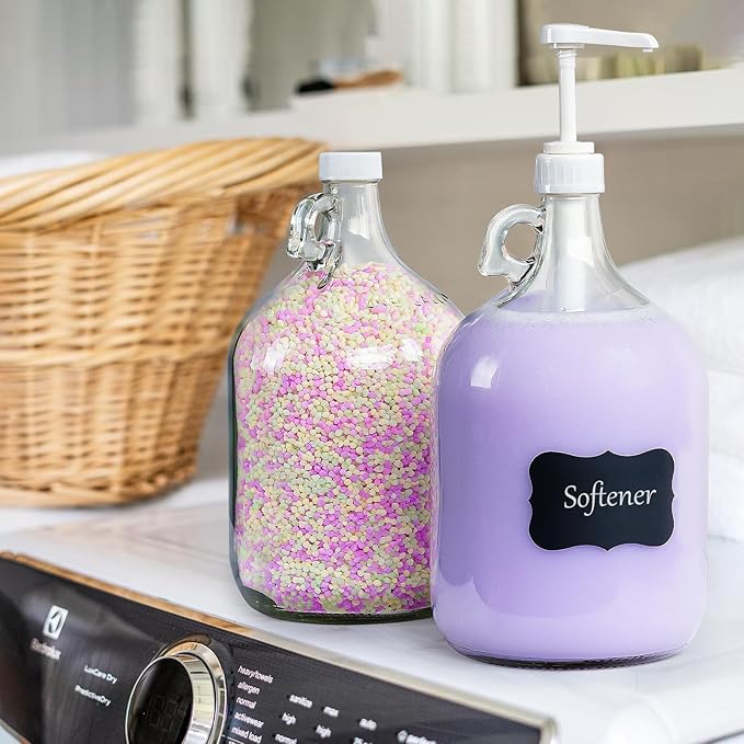 2 Pack Gallon Glass Pump Bottle Dispensers with 3 Pumps and 2 Airtight Lids, Laundry Soap Dispensers with 1 Funnel, Liquid Laundry Detergent Dispensers for Fabric Softener, Shampoo, Body Wash-CasaMuseHome