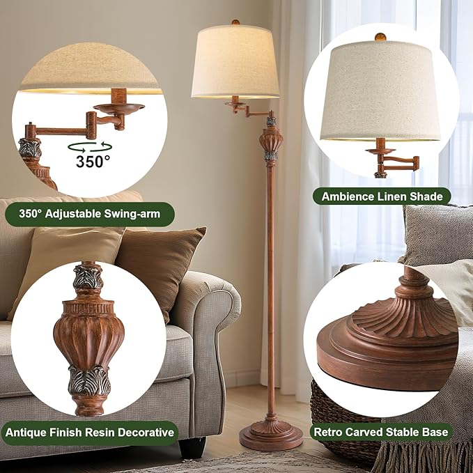 61" Vintage Floor Lamp with 350° Adjustable Swing Arm, Standing Lamp for Bedroom Living Room Bedside Tall lamp Nightstand Retro Farmhouse Mid Century Lamp Light Home Décor Office Gifts-CasaMuseHome