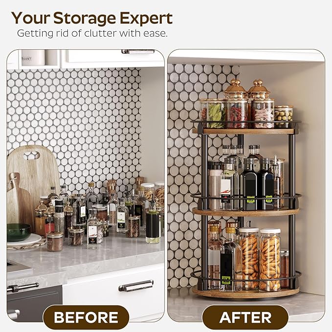 3-Tier Lazy Susan Organizer, Rotating Spice Rack, Spinning Organizer, Industrial Turntable Spice Rack Organizer for Cabinet, Kitchen Countertop, Pantry, Rustic Brown and Black SR23BR-CasaMuseHome