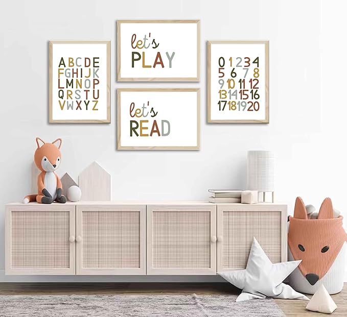 4 Pcs Boho Playroom Canvas Wall Art Nursery Toddler Educational Let's Read Let's Play Painting Pictures Wall Decor Posters Print Artwork for Girl Boy Childs Room Classroom Home Decoration Unframed-CasaMuseHome