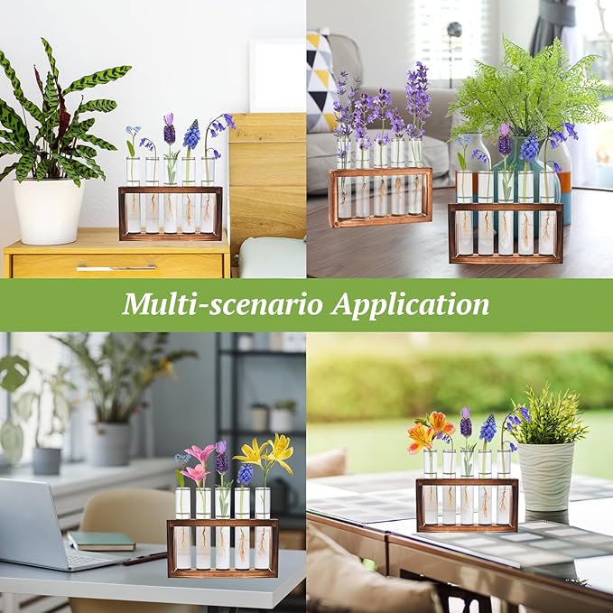 2pcs Desktop Glass Plant Propagation Station with 10 Test Tubes in Wooden Stand - Hydroponic Plants Cutting Office Home Decoration and Garden Decor Terrarium (10 Tubes)-CasaMuseHome