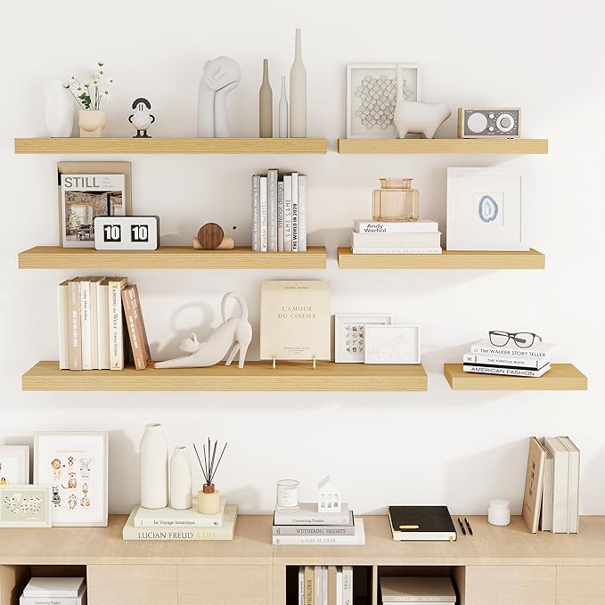 24 Inch Floating Shelves, 3D Textured Wood Grain, 24"x9.25"x1.5" Inch Deep Floating Shelves for Wall, Wooden Shelves for Bathroom, Bedroom, Living Room, Natural-CasaMuseHome