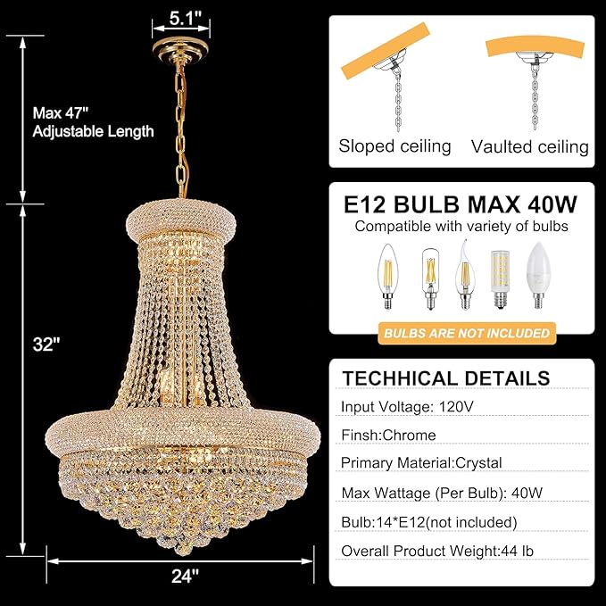 14 - Light Unique Empire Crystal Chandelier with Adjustable Chain for High Ceiling Foyer Entryway Living Room Dining Room Bedroom Gold Finish-CasaMuseHome