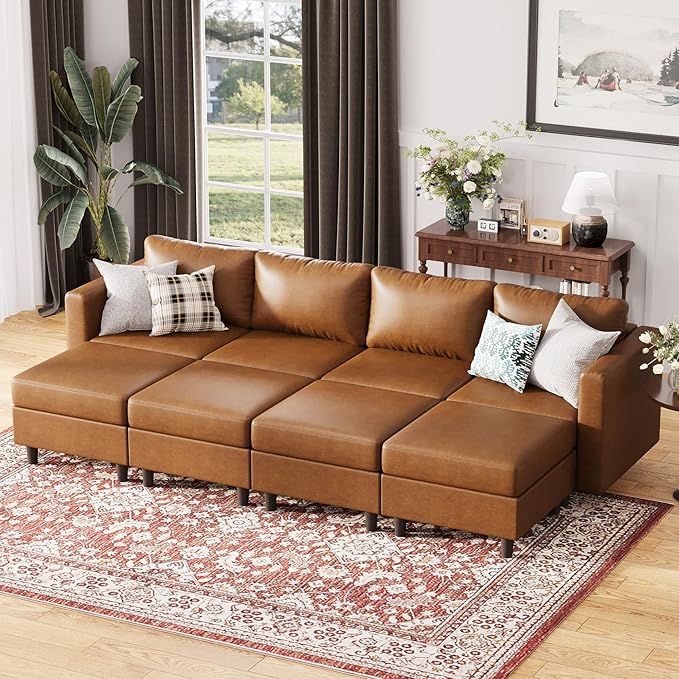 118.5" Luxury Modular Sleeper Sofa Bed with Storage Seat, 8 Seat Sectional Couch Deep Seat with Reversible Chaises & Removable Cover - Brown Faux Leather-CasaMuseHome