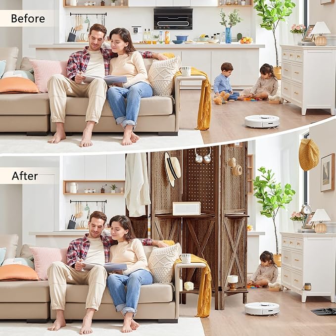 4 Panel Pegboard Display with 16 Hooks, Wooden Pegboard Room Divider Wall with Shelf, Rustic Room Dividers and Folding Privacy Screens, Bedroom, Jewelry Store, Brown-CasaMuseHome