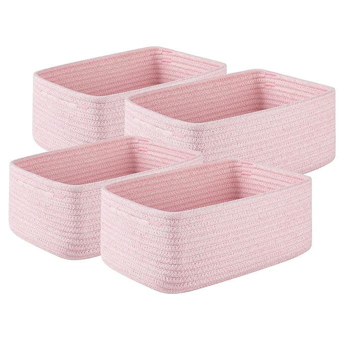4 Pack Small Storage Shelf Baskets for Organizing, Mini Woven Rope Storage Bins for Towels, Cute Decorative Closet Organizer，Baby Nursery, Gift Empty Baskets -11.81''Lx7.87''Wx4.72''H-Pink-CasaMuseHome