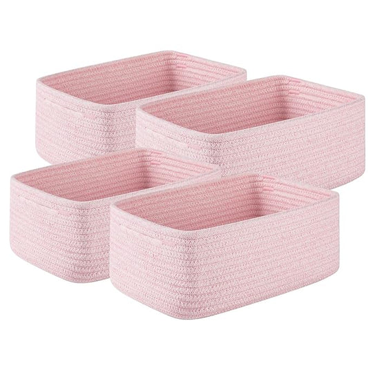 4 Pack Small Storage Shelf Baskets for Organizing, Mini Woven Rope Storage Bins for Towels, Cute Decorative Closet Organizer，Baby Nursery, Gift Empty Baskets -11.81''Lx7.87''Wx4.72''H-Pink-CasaMuseHome