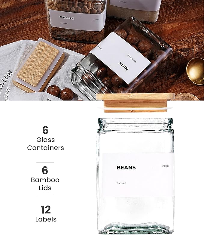 27 oz Glass Storage Jars with Bamboo Lid, set of 6, glass canisters with airtight lids, Clear jars with lids for Cookie, Candy, Tea, Coffee Bean and Rice (White)-CasaMuseHome
