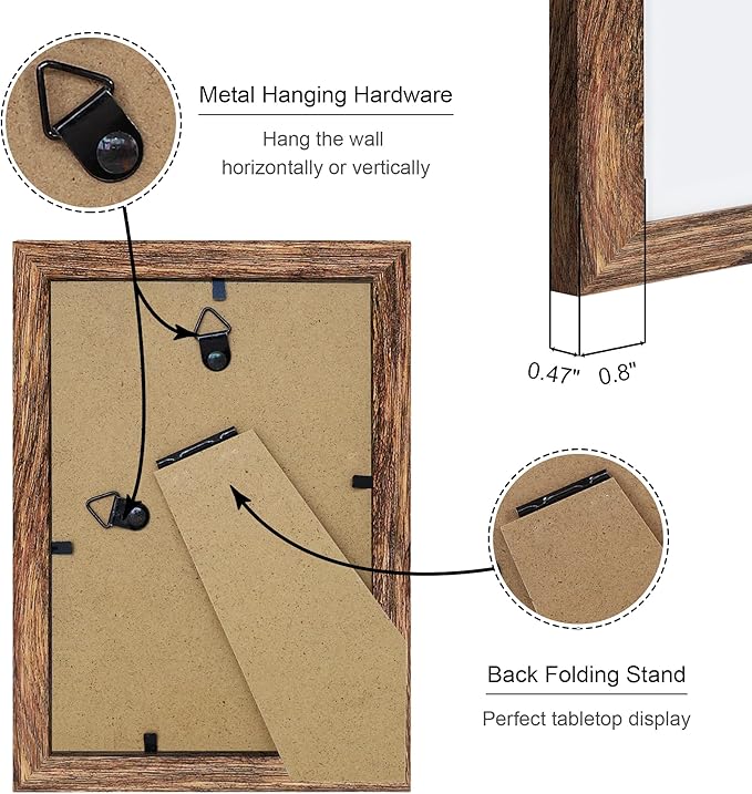 4x6 Picture Frame Set of 4, 4 x 6 Wood Photo Frames with Mat for 3.5x5, Natural Wooden Frame with Real Glass Cover for Wall and Tabletop Display,Rustic Brown-CasaMuseHome