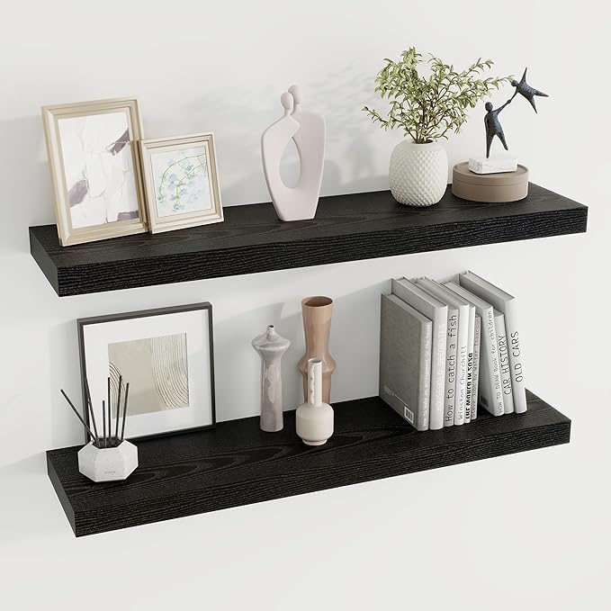 36 inch Floating Shelves Wall Shelves for Office with Invisible Brackets, 8 inch Deep Shelves for Bathroom, Living Room, Kitchen, Office, 36x7.9 inch deep Set of 2, Black-CasaMuseHome