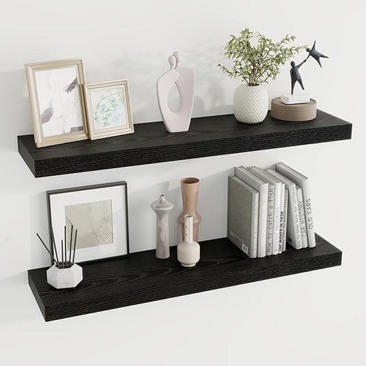 36 inch Floating Shelves Wall Shelves for Office with Invisible Brackets, 8 inch Deep Shelves for Bathroom, Living Room, Kitchen, Office, 36x7.9 inch deep Set of 2, Black-CasaMuseHome