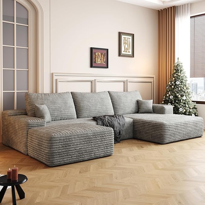 108" Sectional Couches for Living Room Modern Modular Sofa with L-Shape Couchs Upholstered Boneless Couch Deep Seat Sectional Couch with Chaise (Grey, Right Facing Chaise+2Seaters+1Ottoman)-CasaMuseHome