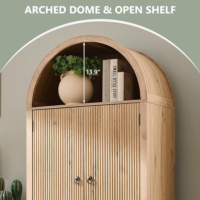 71" Tall Arched Bathroom Storage Cabinet, Modern Fluted Storage Cabinet w/Doors, 3 Adjustable Shelves, 6 Door Shelves, Wood Freestanding Cabinet for Bathroom, Entryway, Hallway, Natural-CasaMuseHome