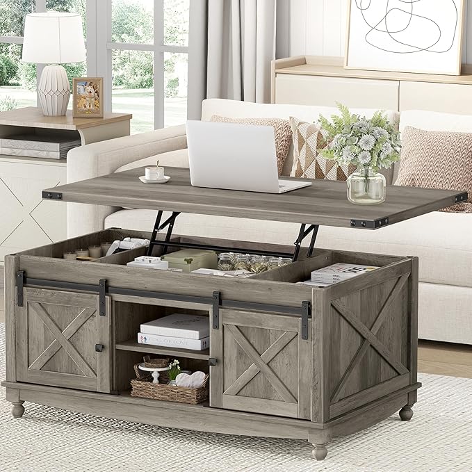 48" Farmhouse Lift Top Coffee Table with Storage Sliding Barn Door & Large Hidden Compartment, Coffee Table with Lifting Top with Wooden Lift Tabletop, Coffee Tables for Living Room, Grey-CasaMuseHome